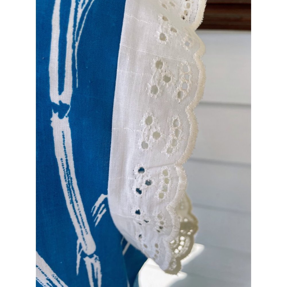 Vintage 1970s Bamboo Print Blue House Dress Eyelet Lace XL - Picture 10 of 14
